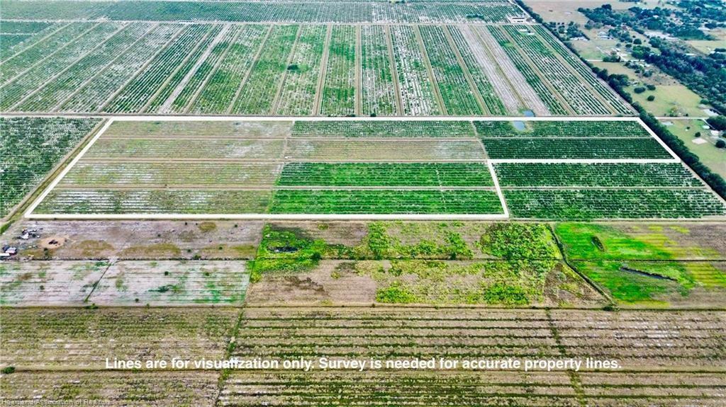 An aerial view shows a rectangular agricultural property outlined in white amidst surrounding farmland — 3288 Auburn Street, FL 33857, FL