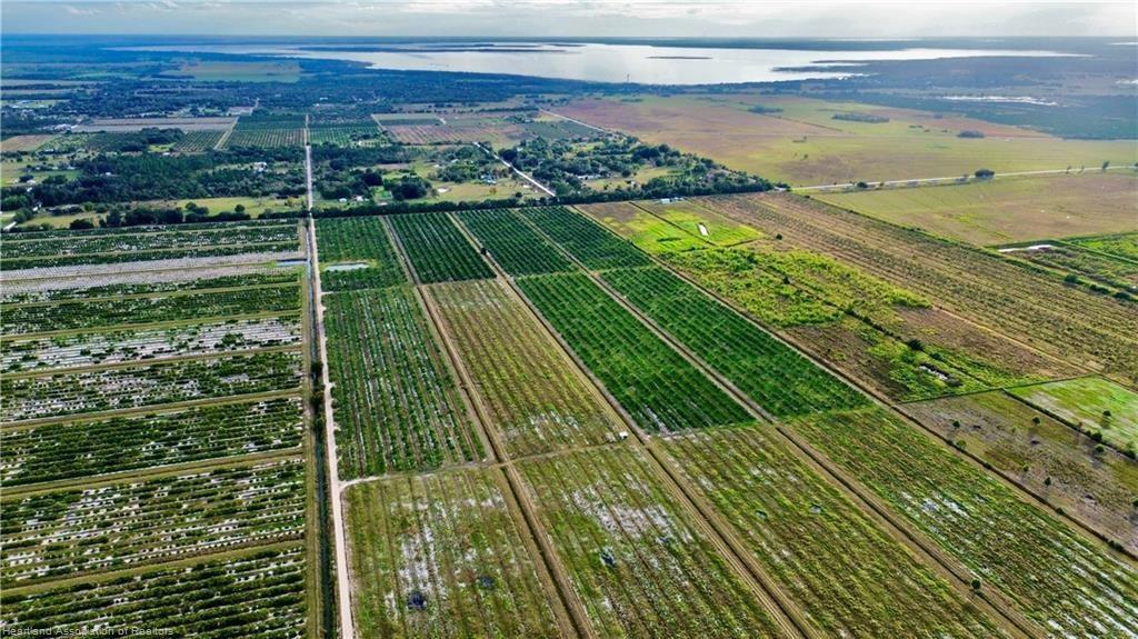 An aerial view shows large agricultural fields and citrus groves stretching toward a distant lake — 3288 Auburn Street, FL 33857, FL