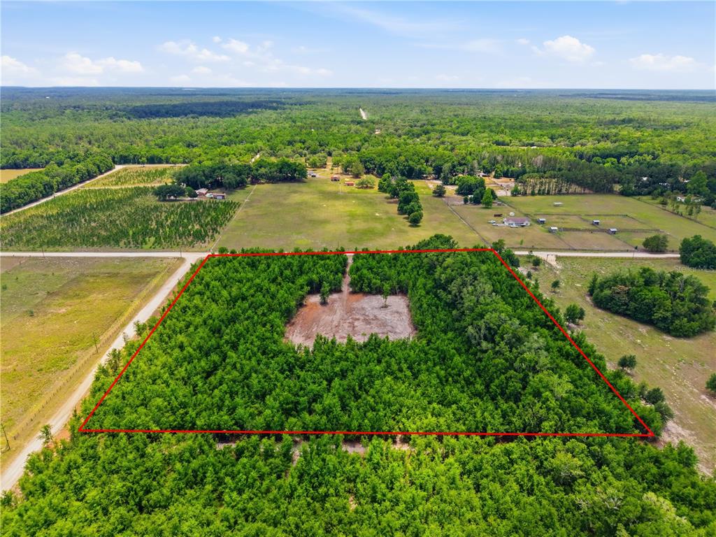 An aerial view shows a rectangular plot of land with a cleared center surrounded by trees — SW 188TH ST, ARCHER, FL