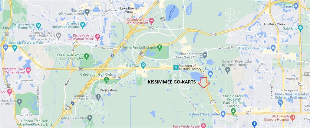 This is a map showing the location of Kissimmee Go-Karts in Florida — 4708 W IRLO BRONSON MEMORIAL HIGHWAY, KISSIMMEE, FL