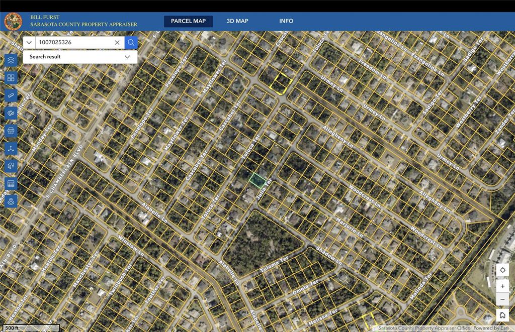 This is a satellite map view of a residential neighborhood in Sarasota County, Florida — JULIA TERRACE, NORTH PORT, FL