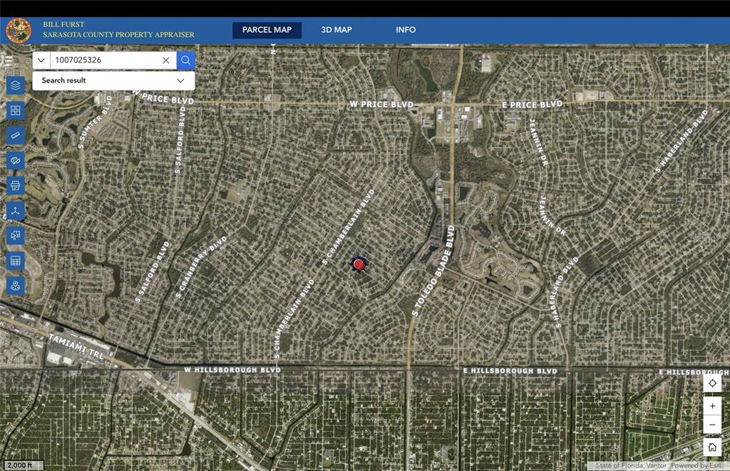 This is a satellite map view of a residential area in Sarasota County, Florida — JULIA TERRACE, NORTH PORT, FL