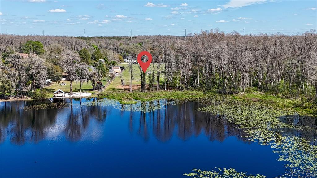 An aerial view shows a waterfront lot with trees and a small dock — BLOUNT ROAD, LUTZ, FL