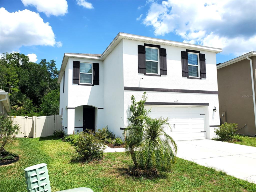A two-story white house with black shutters and a single-car garage under a blue sky — 32871 BROOKS HAWK LANE, WESLEY CHAPEL, FL