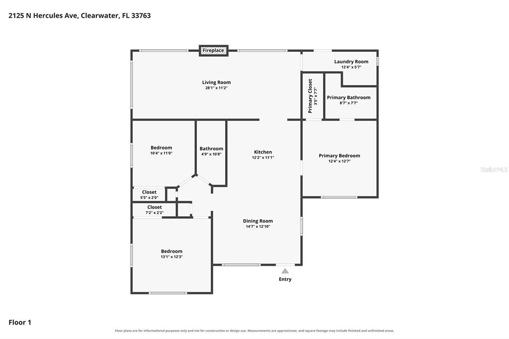 This is a floor plan showing the layout of a single-story residential home — 2125 N HERCULES AVENUE, CLEARWATER, FL