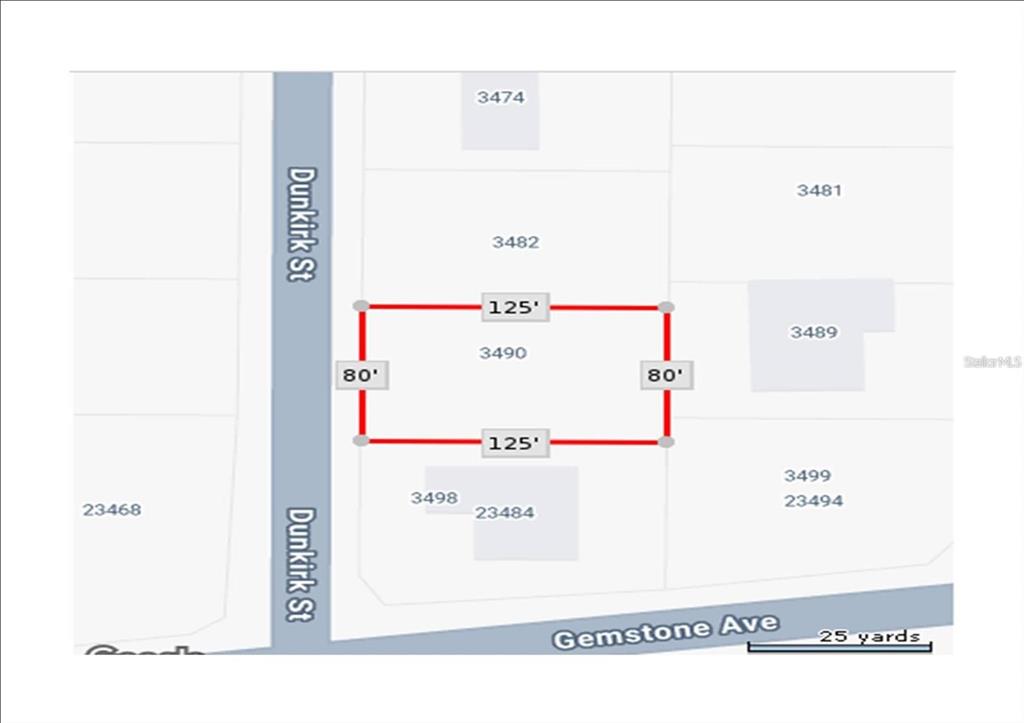 This is a map showing the rectangular property boundaries and dimensions of a land parcel — 3490 DUNKIRK STREET, PUNTA GORDA, FL