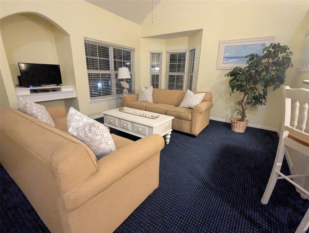 A living room features two tan sofas, a white coffee table, and dark blue carpeting — 3003 LIMBO LANE UNIT 203, KISSIMMEE, FL