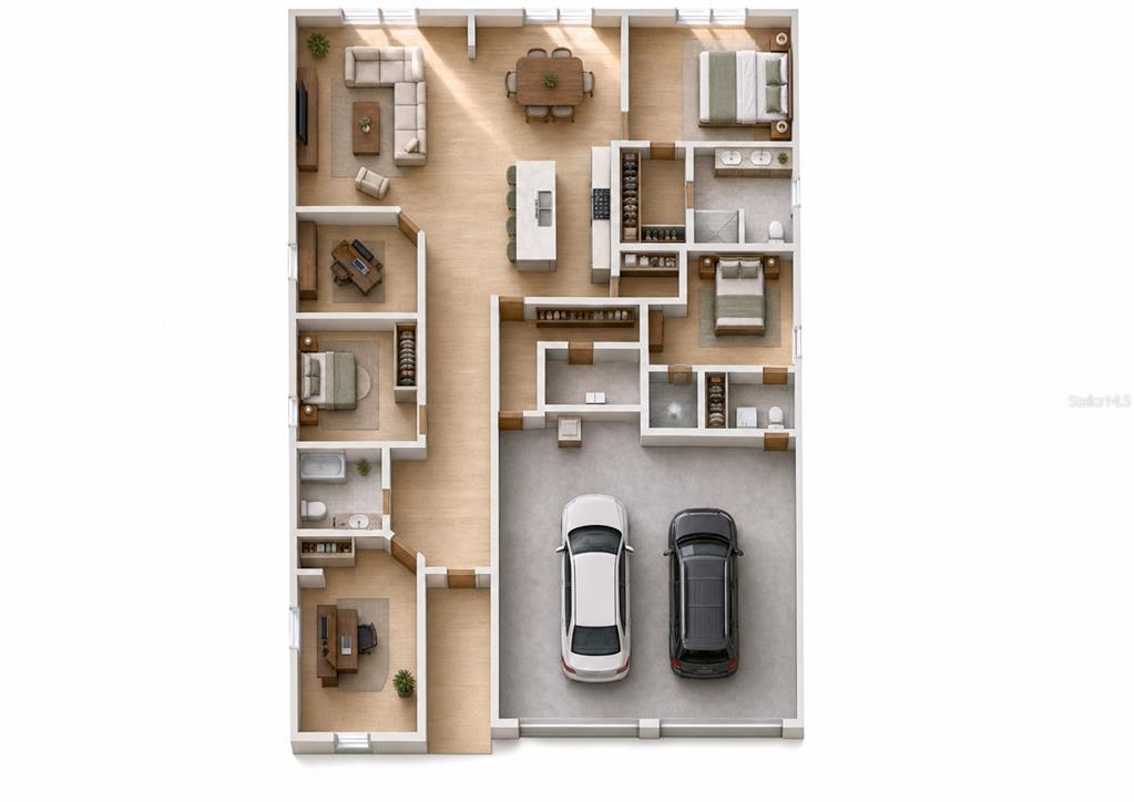 This is a 3D floor plan rendering of a single-story house with a two-car garage — 2922 FLYING BLACKBIRD ROAD, BARTOW, FL