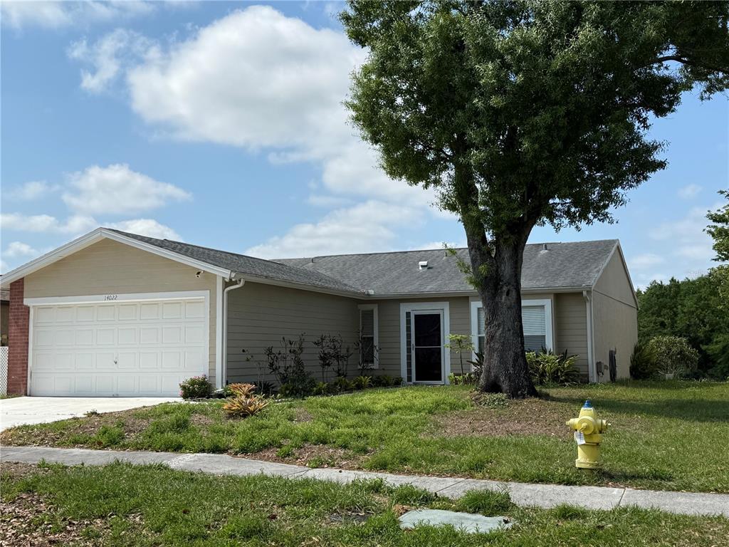 A single-story house with tan siding, a white garage door, and a large tree in front — 14022 CITRUS POINTE DRIVE, TAMPA, FL
