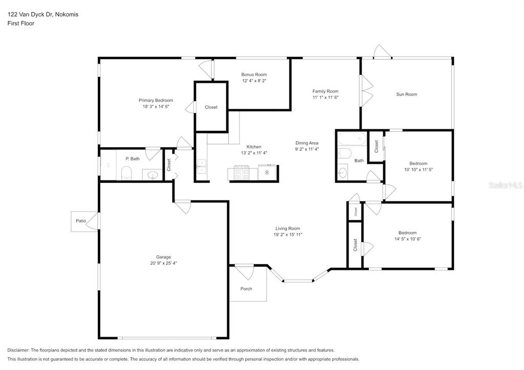 This is a floor plan of a single-story house with a garage and patio — 122 VAN DYCK DRIVE, NOKOMIS, FL