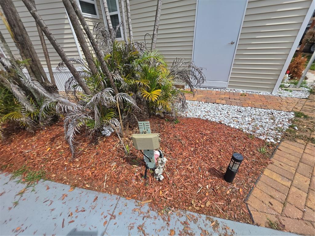 A beige-sided home exterior features a small garden bed with palm trees and landscaping lights — 7336 INTERNATIONAL CIRCLE, LAKE WALES, FL