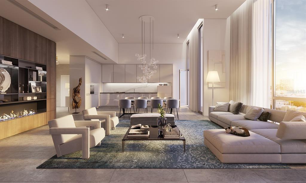 This rendering shows a modern open-concept living room and kitchen with high ceilings and floor-to-ceiling windows — 430 KUMQUAT COURT UNIT 212, SARASOTA, FL