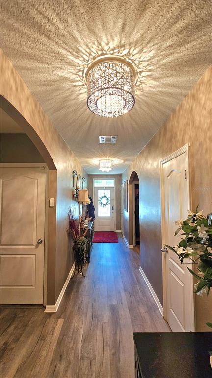 A hallway with wood-look flooring, textured ceilings, two light fixtures, and white interior doors — 2459 VALHALLA DRIVE, TAVARES, FL