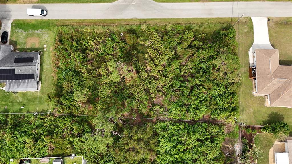 An aerial view shows a rectangular, tree-covered vacant lot situated between two residential houses — LOTS 3115 & 3116 CYPRESS ROAD, VENICE, FL