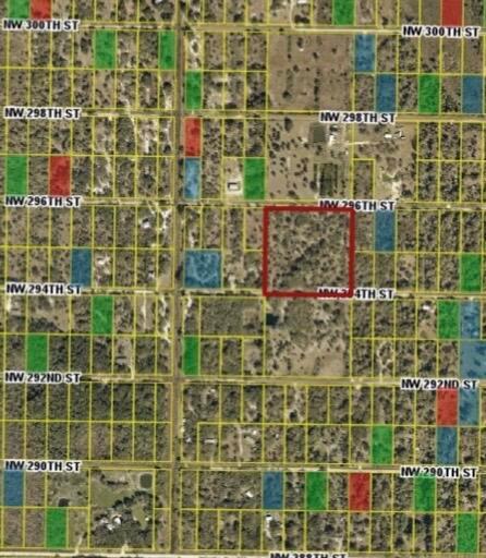 An aerial map shows a grid of land parcels with one specific lot outlined in red — 19680 NW 296th Street, Okeechobee FL 34972, OKEECHOBEE, FL