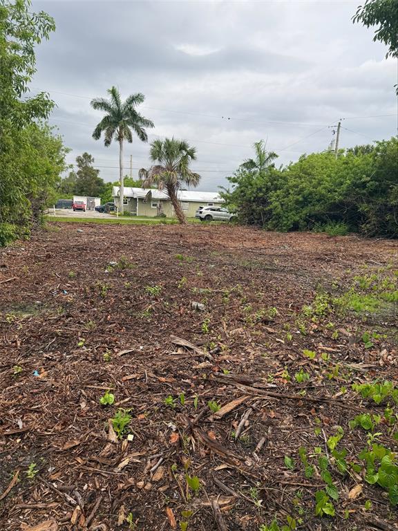 A cleared, mulch-covered vacant lot with palm trees and a house in the background — 861 BURLAND STREET, PUNTA GORDA, FL