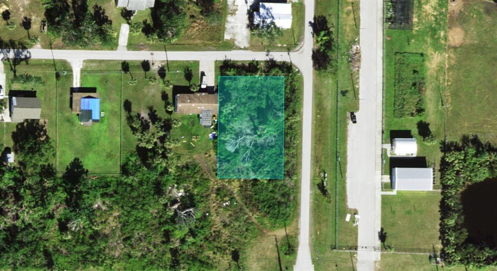 This aerial view shows a rectangular, wooded vacant lot highlighted in blue within a neighborhood — 861 BURLAND STREET, PUNTA GORDA, FL