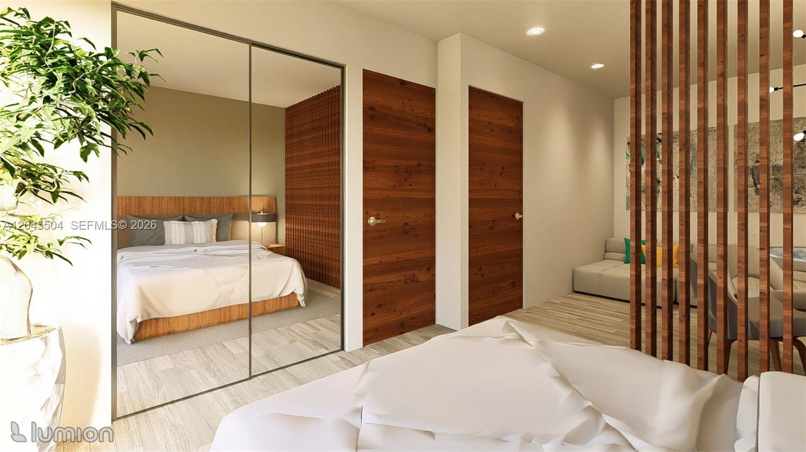 This rendering shows a bedroom with a mirrored closet, wood doors, and a slatted divider — 933 SW 4th Ave, Miami FL 33130, MIAMI, FL