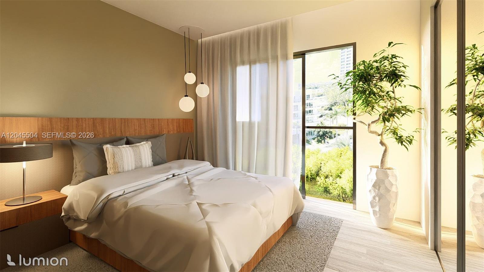 This rendering shows a modern bedroom with a wood headboard, pendant lights, and a balcony — 933 SW 4th Ave, Miami FL 33130, MIAMI, FL
