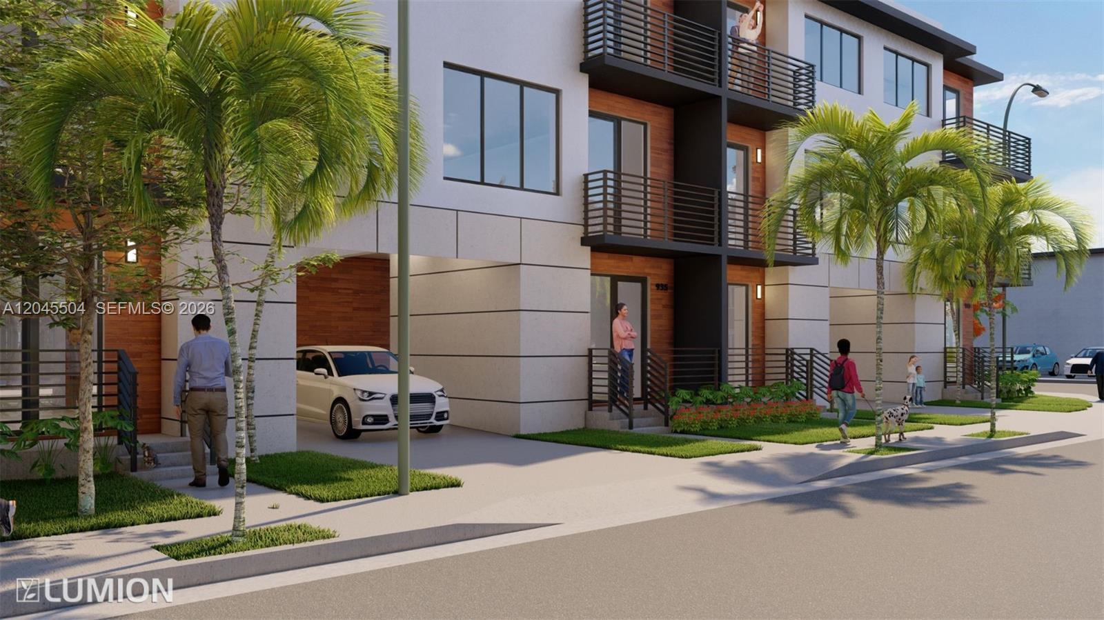 This is a rendering of a modern multi-story residential building with balconies and covered parking — 933 SW 4th Ave, Miami FL 33130, MIAMI, FL