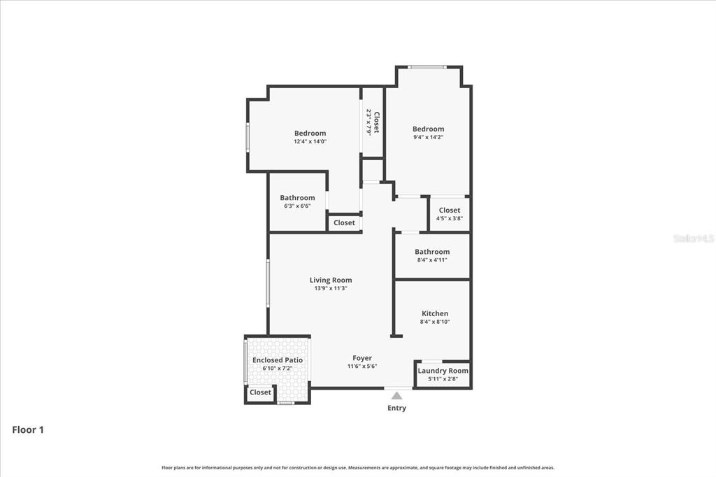 This is a floor plan of a two-bedroom apartment with a patio, kitchen, and laundry room — 606 S ALBANY AVENUE UNIT 5, TAMPA, FL