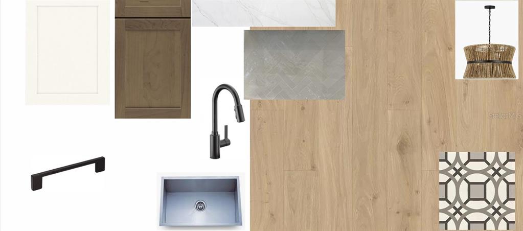 This is a digital design board showing kitchen cabinetry, flooring, hardware, and fixture finish samples — 8202 MERRITT AVENUE, BRADENTON, FL