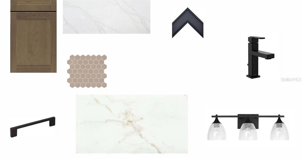 This is a digital mood board featuring cabinet, countertop, tile, hardware, and lighting finish samples — 8202 MERRITT AVENUE, BRADENTON, FL