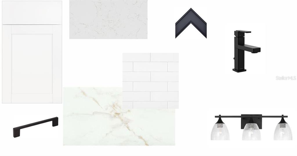 This is a digital design board showing white cabinetry, marble-look countertops, subway tile, and black fixtures — 8202 MERRITT AVENUE, BRADENTON, FL
