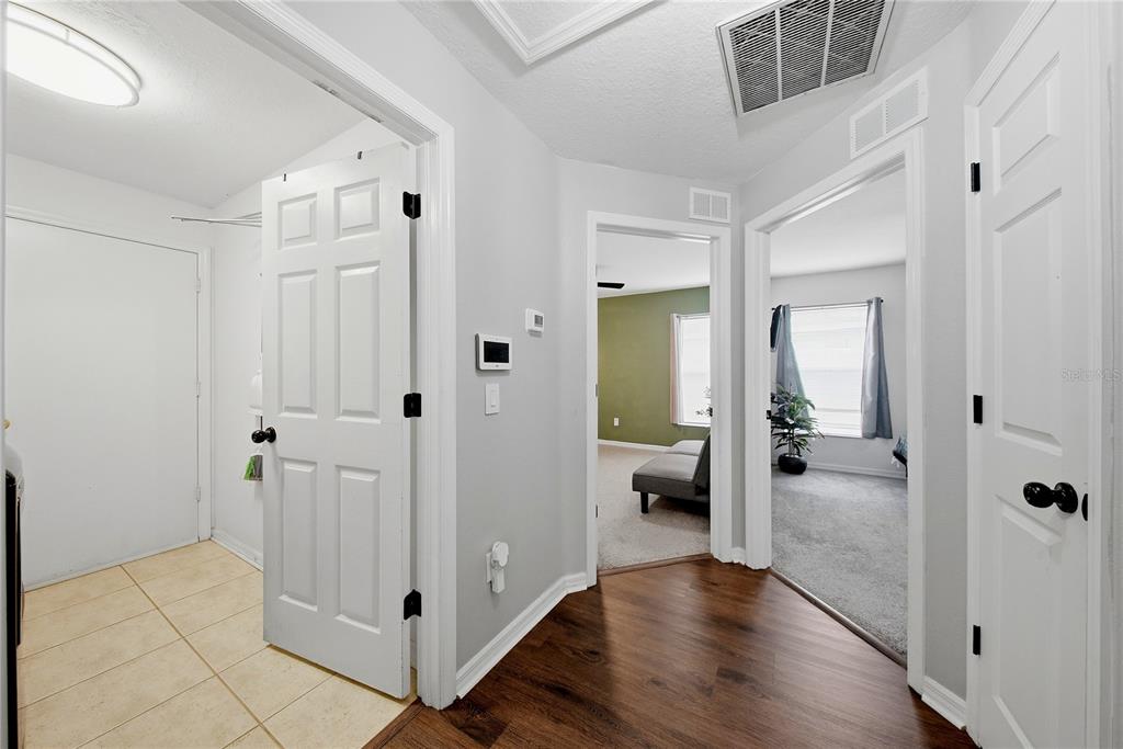 A hallway with light gray walls, wood-look flooring, and three white interior doors — 6618 SUMMER COVE DRIVE, RIVERVIEW, FL