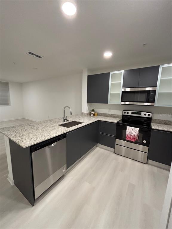 A kitchen features dark cabinets, granite countertops, stainless steel appliances, and light wood-look flooring — 5579 MILLENIA PARK UNIT 517, ORLANDO, FL
