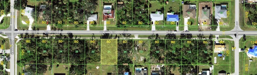 This is an aerial map showing residential lots along Quesada Avenue — 21471 QUESADA AVENUE, PORT CHARLOTTE, FL