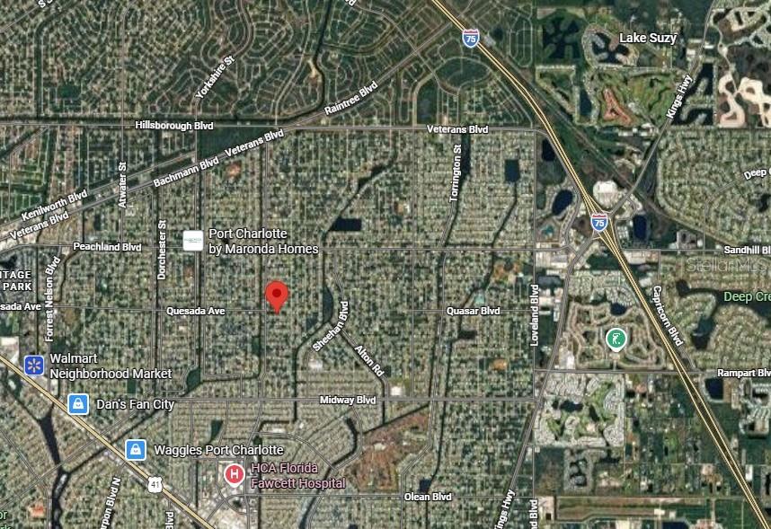 This is a satellite map showing residential streets and landmarks in Port Charlotte, Florida — 21471 QUESADA AVENUE, PORT CHARLOTTE, FL