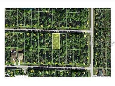 This is an aerial map showing a vacant residential lot highlighted in yellow — 13475 SHEPPARD AVENUE, PORT CHARLOTTE, FL