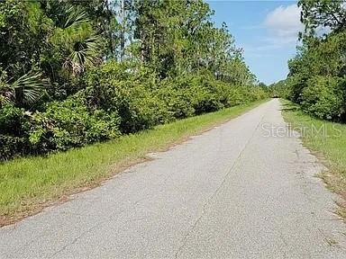A paved road stretches into the distance, flanked by dense green trees and vegetation — 13475 SHEPPARD AVENUE, PORT CHARLOTTE, FL