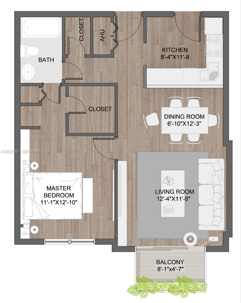 This is a floor plan for a one-bedroom apartment with a balcony and open layout — 401 Ocean Dr # 224, Miami Beach FL 33139, MIAMI BEACH, FL
