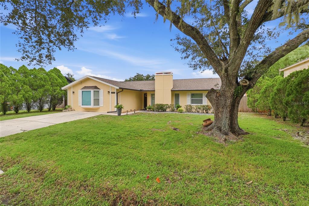 A single-story yellow house with a large oak tree in the front yard — 4934 WILDFLOWER DRIVE, LAKELAND, FL