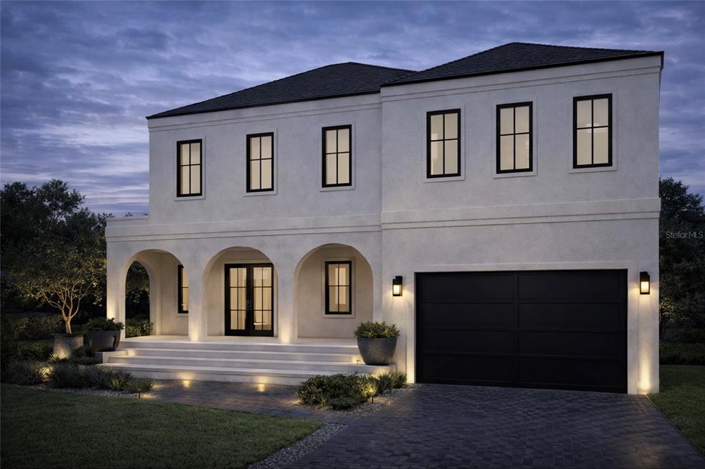This is a rendering of a two-story modern home with a stucco exterior and arches — 4414 W LAWN AVENUE, TAMPA, FL
