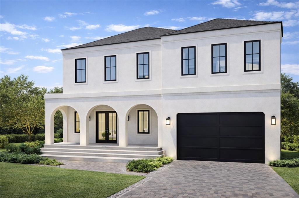 This is a rendering of a two-story white stucco house with arched entryways and garage — 4414 W LAWN AVENUE, TAMPA, FL