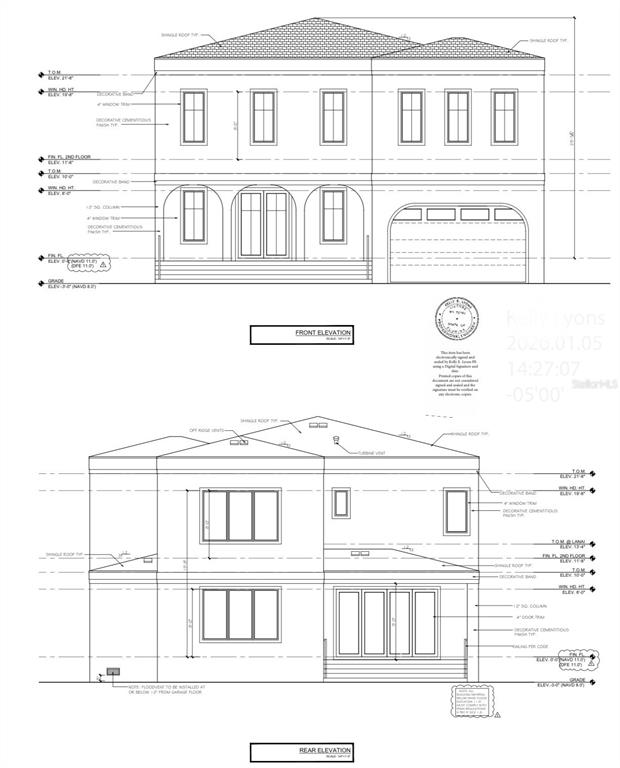 This architectural rendering shows the front and rear elevations of a two-story residential house — 4414 W LAWN AVENUE, TAMPA, FL