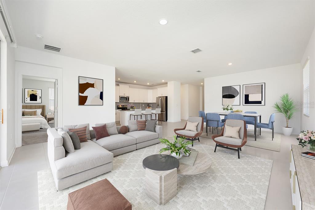 This is a digital rendering of an open-concept living room, dining area, and kitchen — 3135 CAMDEN WAY, DAVENPORT, FL