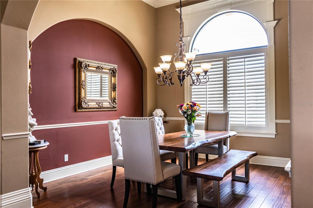 A dining room features a live-edge wood table, upholstered chairs, and a red arched wall — 6739 EAGLE RIDGE BOULEVARD, LAKELAND, FL