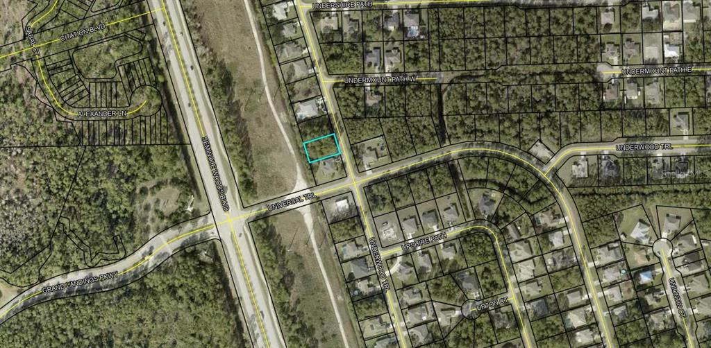 An aerial map view shows a highlighted residential lot located near a street intersection — 265 UNDERWOOD TRIAL, PALM COAST, FL