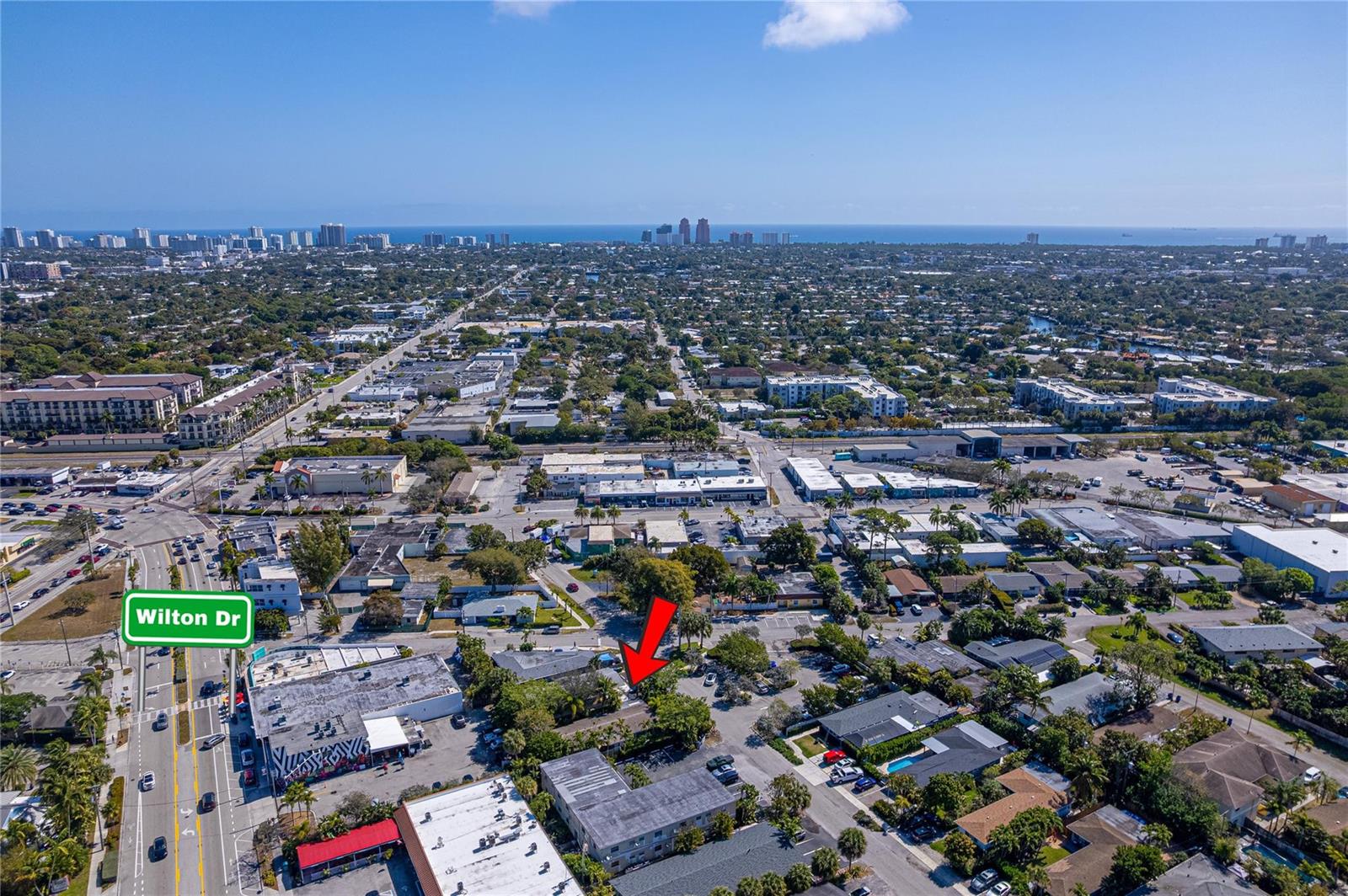 An aerial view shows a residential property marked by a red arrow near Wilton Drive — 1009 NE 23rd Drive, Wilton Manors FL 33305, WILTON MANORS, FL