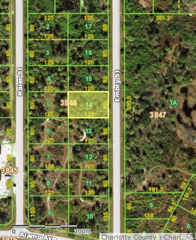 This is a map showing a highlighted vacant lot located between two streets — 7099 EMBRY STREET, PORT CHARLOTTE, FL