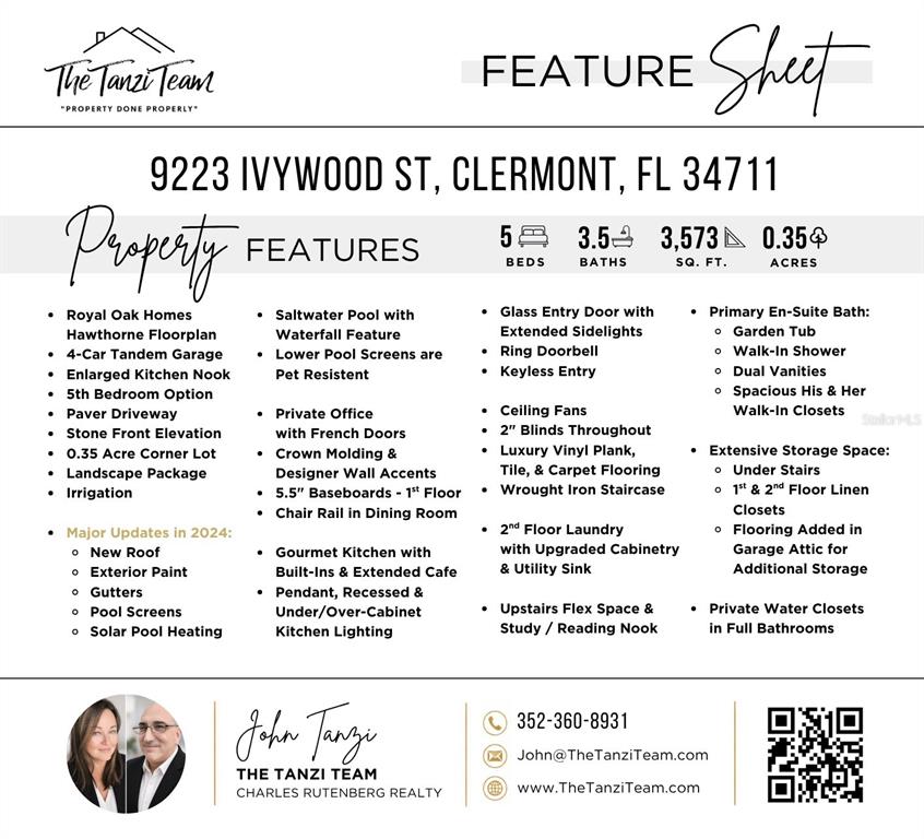 This feature sheet lists property specifications and home upgrades for a five-bedroom residential house — 9223 IVYWOOD STREET, CLERMONT, FL