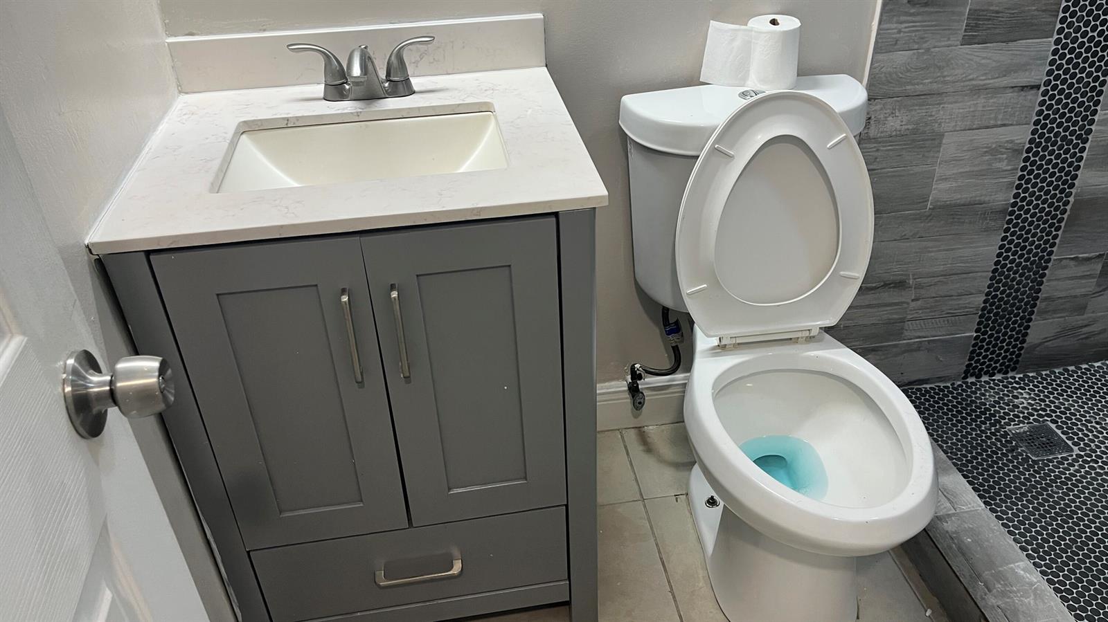 A bathroom features a gray vanity with a white countertop and a white toilet — 2001 NE 2nd Terrace, Pompano Beach FL 33060, POMPANO BEACH, FL
