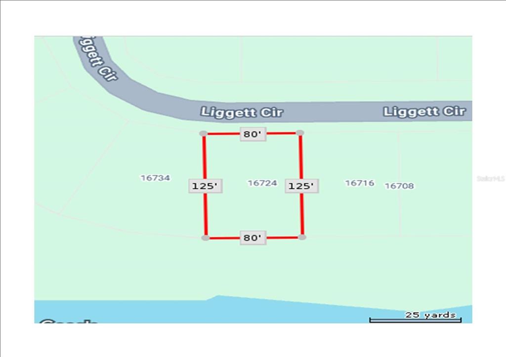 This is a map showing the rectangular property boundaries and dimensions of a residential lot — 16724 LIGGETT CIRCLE, PORT CHARLOTTE, FL