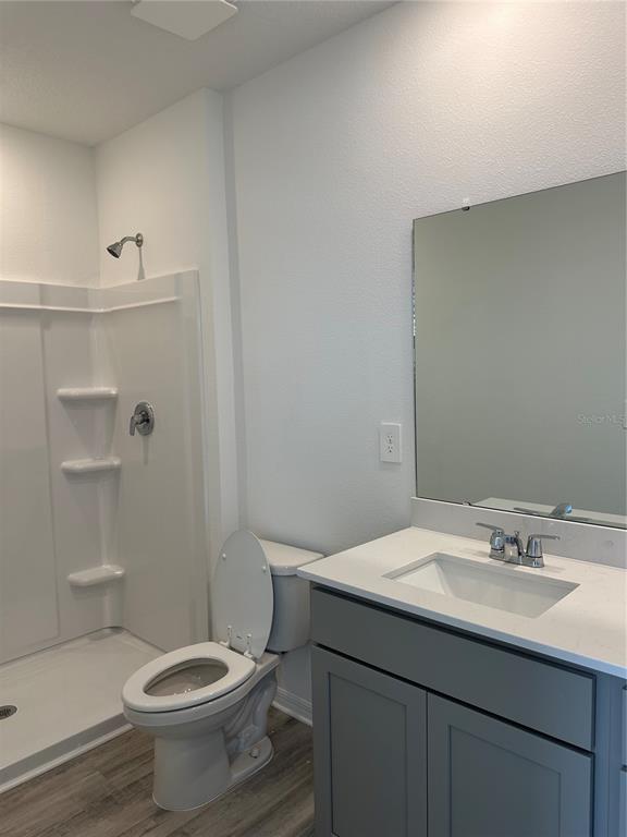 A bathroom features a gray vanity, a white toilet, and a walk-in shower stall — 1823 ROCK ELM ROAD, DAVENPORT, FL