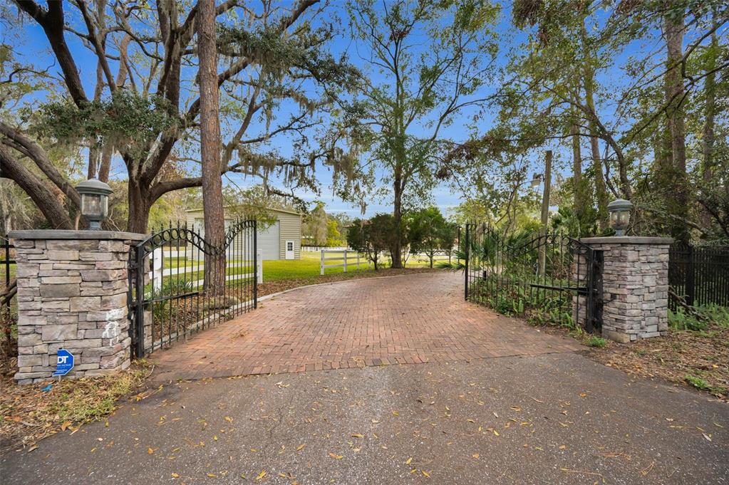 A brick driveway leads through an open wrought iron gate flanked by stone pillars — 249 DOGWOOD TRACE, TARPON SPRINGS, FL