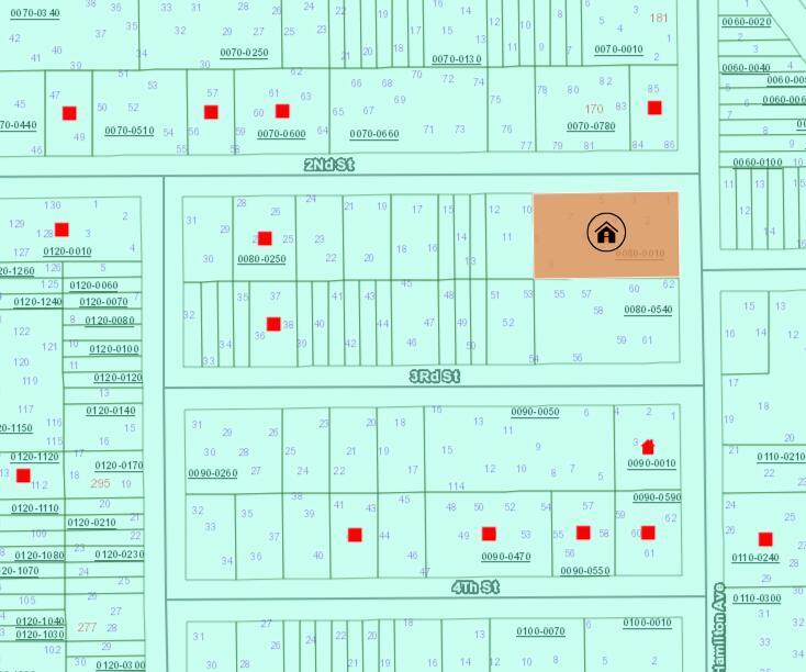 This is a map showing property parcel boundaries and street names with one highlighted lot — 00 2nd Street, FL 32148, FL